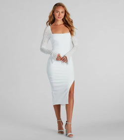 You'll look stunning in the Amy Formal Crepe Faux Pearl Sleeve Midi Dress, a white formal dress designed to create an effortless yet standout look as women's formal holiday attire, work party outfit, or NYE dress.