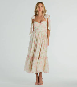 Gretchen Sweetheart Tie Floral Chiffon Midi Dress