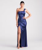 Turn heads at Prom 2025 in this prom dress, where statement-making details meet the iconic style of the Kathie Formal Satin One-Shoulder Dress .