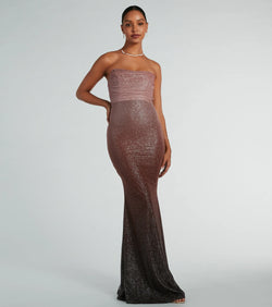 The Farrah Strapless Mermaid Glitter Ombre Formal Dress is a shimmery brown glitter dress that catches the light beautifully, perfect for any special outfit like Winter Formal attire, clubwear, or a wedding guest dress.