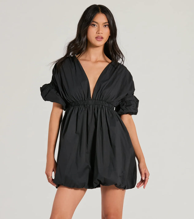 Essential for vacations or summer days, the Love Game Plunge V-Neck Bubble Skater Dress is a sundress or milkmaid dress with sleek and flirty details.