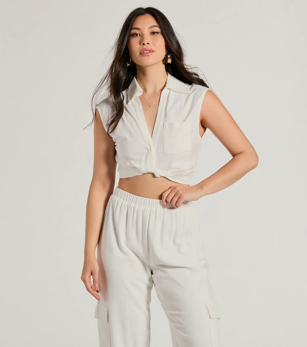 The Breezy Mood Collared Linen Crop Top with a modern design and trendy look is part of the latest women's tops collection to elevate your 2025 wardrobe.