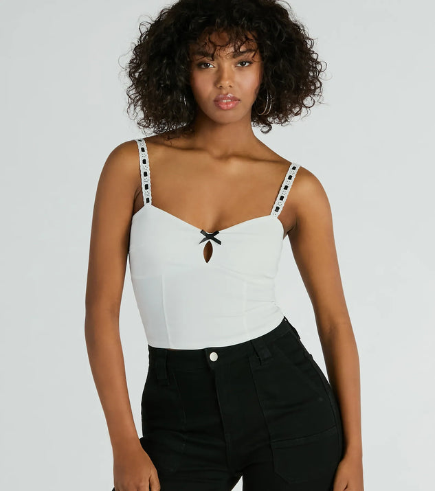 The crop top style of the Simply Delicate Lace Trim Bow Crop Top adds a sultry detail to your going-out outfits or everyday looks.