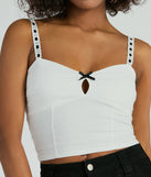 The party-ready Simply Delicate Lace Trim Bow Crop Top is a going-out top showcasing a seasonal color and modern silhouette to create outfits for date nights, cocktail parties, or clubwear.