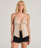 The Sense Of Style Lace Trim Tie Front Cami Crop Top with a modern design and trendy look is part of the latest women's tops collection to elevate your 2025 wardrobe.