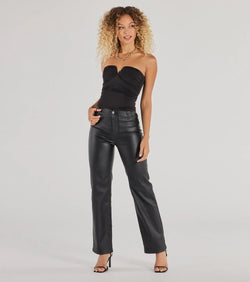 The Walking The Walk Faux Leather Straight Leg Pants in black is a pair of women's pants with an on-trend leg style and elevated fabric that adds texture, perfect for crafting effortless winter outfits.