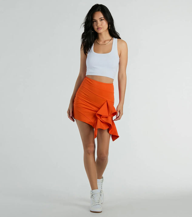 The Iconic Moves Ruffled Ponte Knit Mini Skirt is a trendy women's bottom, designed with modern details and alluring textures to complete chic outfits for 2025.