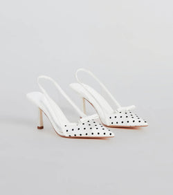 The Adorably Posh Polka Dot Mesh Slingback Pumps are women's white shoes for work, featuring a sleek silhouette and cushioned sole for all-day comfort, and are a trendy choice for professional or business casual outfits.