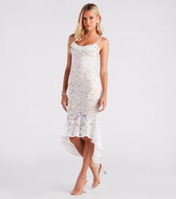 The midi dress length on the Romance Alert Lace Ruffle High-Low Midi Dress provides an elevated silhouette perfect for any party, occasion, or everyday styling.