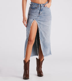 Babe In Denim High Slit Midi Skirt is a fire pick to create 2023 festival outfits, concert dresses, outfits for raves, or to complete your best party outfits or clubwear!